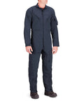 Heavy Duty Poly Cotton Twill Coverall In Dark Navy With Alpha Fit Snag Resistant Trims Real Deal Gear For The Daily Grind Shop Job Or Weekend Garage Hauls Built Like A Tank worn by a standing male model.