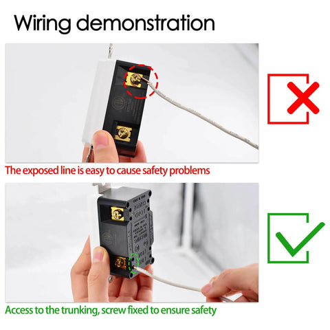 Wiring demonstration for Fifty Pack Of Twenty Amp GFCI Wall Outlets showing safe and unsafe connections for shock defense.