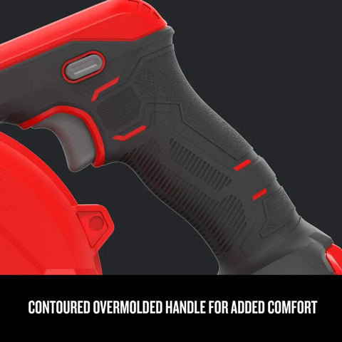 Close-up of V20 Cordless Leaf Blower Bare Tool handle, featuring contoured overmolded grip for comfort and lock-on trigger.