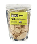 Package of Ryobi wood biscuits, 100 pieces, for joinery, aligned with FSC Certified Wood Biscuit Joint Set 150-Piece Kit for DIYers and Pros.