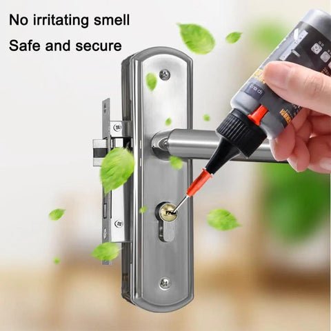 Applying All Season Graphite Lock Lubricant With Smart Straw Spray to a door lock mechanism for smooth operation.