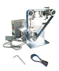 Solid Workhorse Electric Belt Sander And Jewelry Polisher With Brushless Motor Adjustable Speed Forward Reverse Steel Body Compact Benchtop Grinder, showing detailed components and accessories.