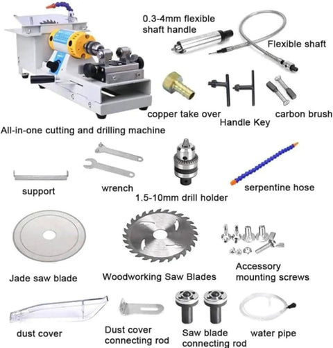Industrial Grade 750W Mini Table Saw Featuring Integrated Polisher With Rapid Speed Knob Delivers Hella Accurate Bench Lathe Function For Clean Wood And Metal Work with flexible shaft and accessories.