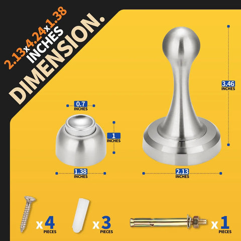 Magnetic Door Stop Heavy Duty Stainless Steel Anti Rust Premium Door Stopper with installation parts, dimensions shown.