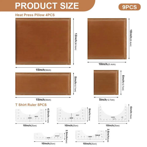 Heat Press Pillow Set 9 Pieces In 1 With Four Size Cushions And Five T Shirt Ruler Guides, showing product dimensions.