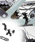 Ultra Portable Bike Wheel Truing Stand For On The Go Rim Adjustment attached to bike frame, lightweight and black