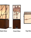 Cherry Blossom Tiffany Style Stained Glass Accent Table Lamp Night Light With USB Ports Wood Cube Base 6 Inch Wide By 15 Inch High Pink Cozy Glow For Living Room Study Desk, showing back, front, and top views