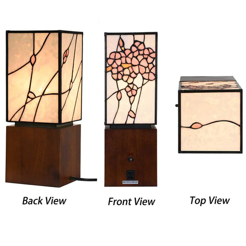Cherry Blossom Tiffany Style Stained Glass Accent Table Lamp Night Light With USB Ports Wood Cube Base 6 Inch Wide By 15 Inch High Pink Cozy Glow For Living Room Study Desk, showing back, front, and top views