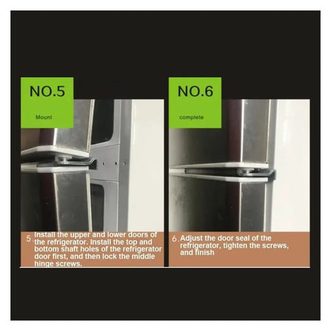 Installation of heavy duty sealed bearing gate hinge for refrigerator doors showing mounting and completion steps.