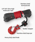 Beefed Up Synthetic Winch Rope Kit 50 Foot One Quarter Inch Cable with Steel Hook, Protective Sleeve and Rubber Stopper