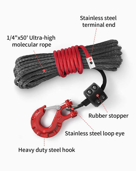 Beefed Up Synthetic Winch Rope Kit 50 Foot One Quarter Inch Cable with Steel Hook, Protective Sleeve and Rubber Stopper