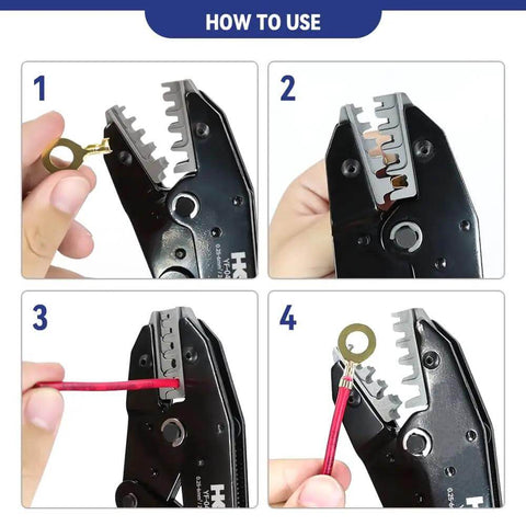 Usage steps for Pro Grade Crimping Tool For Non Insulated Open Barrel Terminals And JST Molex TE Connectors AWG 24 To 10 0.25 6mm2