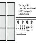 Two Sets Of 18 Inch By 84 Inch Three Paneled Frosted Glass Double Barn Doors With Carbon Steel Frame And Hardware Kit Soft Close Included Easy To Install shown with hardware.