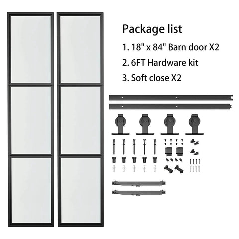 Two Sets Of 18 Inch By 84 Inch Three Paneled Frosted Glass Double Barn Doors With Carbon Steel Frame And Hardware Kit Soft Close Included Easy To Install shown with hardware.