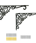 Heavy Duty Wrought Iron Shelf Brackets Two Pack Antique Black Corbels with decorative design and wall hardware included.
