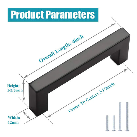 Dimensions of Six Pack Black Stainless Steel T Bar Kitchen Cabinet Door Pull Handles, 3.5 Inch Center To Center, 4 Inch Overall Length