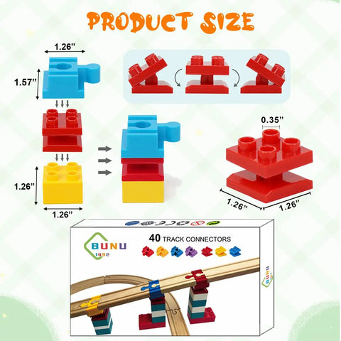 Wooden Train Track Connectors Set 40 Pieces Compatible With All Major Train Brands Duplo 0.35 Inch Holes Risers shown with dimensions