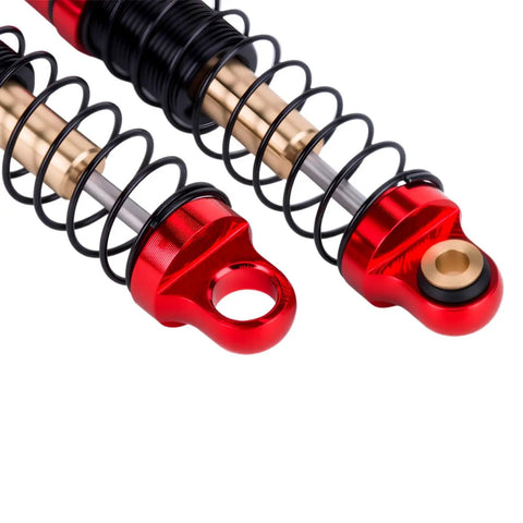 Close-up of Dry Maintenance Free 28.5mm Aluminum RC Shocks for 1/30 Axial SCX30 K10 Jeep Wrangler Ford Bronco Upgrades Red No Oil.