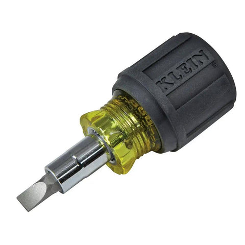 Close-up of compact black and yellow handle from All Purpose 4 Piece Multi Bit Screwdriver And Nut Driver Set With 30 Industrial Strength Bits