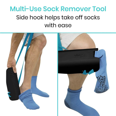 Sock Aid Easy On Easy Off Assist And Remover For Daily Living Helper With Patented Design No Bends Required No Sweat So Socks Go On And Off With Ease For Limited Mobility Recovery Seniors And Caregivers, black plastic sock remover with strap