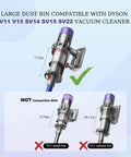 Replacement Dust Bin For V11 V15 SV14 SV15 SV22 Cordless Vacuum Cleaners, Easy Snap In Fit shown with compatibility guide