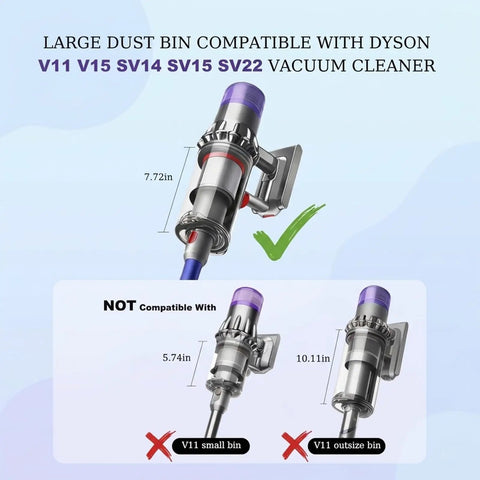 Replacement Dust Bin For V11 V15 SV14 SV15 SV22 Cordless Vacuum Cleaners, Easy Snap In Fit shown with compatibility guide