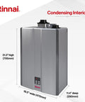Heavy Duty Gas Tankless Water Heater With Smart Recirculation Delivers Instant Hot Water At Nine Gallons Per Minute For Indoor Setup Featuring 160k Btu Condensing Tech, showing dimensions and exterior.