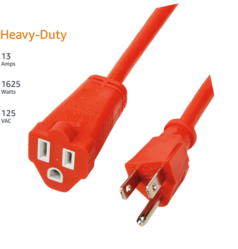 Heavy Duty 50-Foot Indoor Outdoor Extension Cord With 3 Prong Grounded Plug, 13 Amp 125V 1625W Copper Wire, Vinyl Coated, Orange