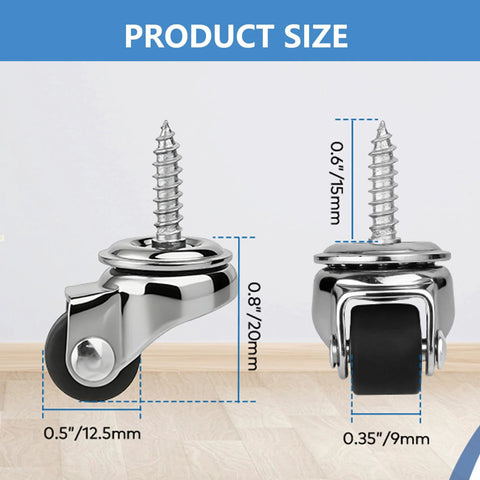 4 Pack Mini Stem Caster Wheels With One Half Inch M4 Screw Stem Swivel Casters, size dimensions, front and side view