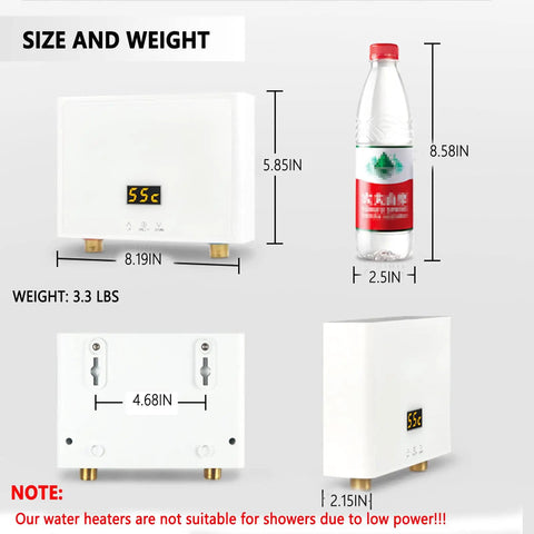 5500W Mini Electric Tankless Water Heater with Remote and Digital Display dimensions comparison with water bottle