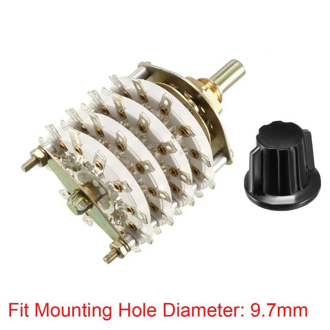 Four Pole Eleven Position Rotary Switch Band Selector with four decks and knob, 48 pins, 9.7mm mount hole, 6mm shaft, 11.7mm shaft length