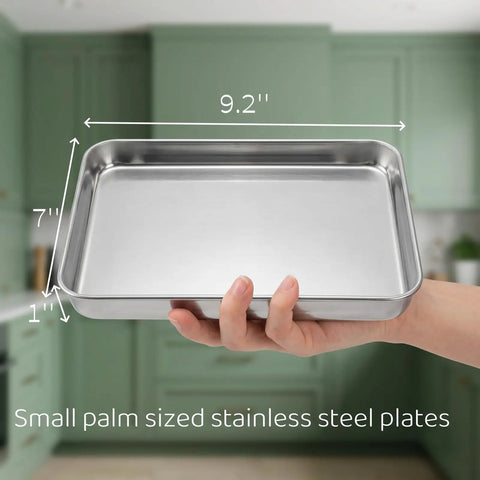 Hand holding Six Pack Stainless Steel Plates For Everyday Dining 9.2 Inch By 7 Inch Dimensions Food Grade Non Toxic Lead Free
