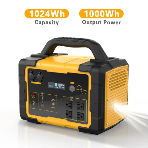 1000W Portable Power Station With 1024Wh LiFePO4 Battery and 2000W Peak, showing multiple ports and LED display for home emergency and camping