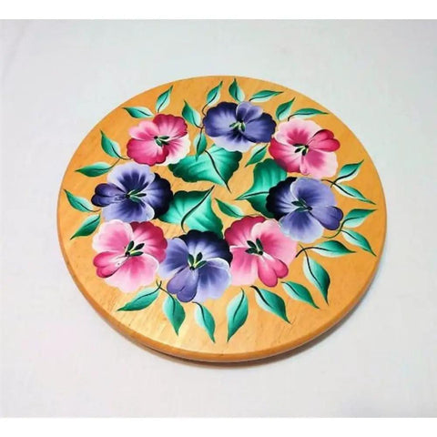 14 Inch Vintage Painted Floral Light Wood Lazy Susan Turntable Centerpiece For Kitchen And Dining Table with 360 Spin
