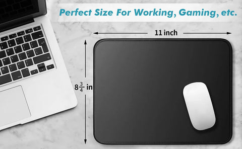 11 X 8.7 Inch Mouse Pad With Stitched Edges And Non Slip Base For Slick, Smooth Tracking On A Clean Desk At Home Or Office Durably Built Cloth Surface Low Friction Stable Easy Glide Computer Mouse Pad next to laptop and mouse.