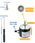 600 P R Incremental Rotary Encoder With 3 mm Screwdriver For 5 To 24 V Wide Voltage Optical Encoder Supply 6 mm Shaft AB 2 Phase Quadrature Output Arduino Compatible NPN Open Collector image showing rotary encoder, screwdriver, and screw with dimensions.