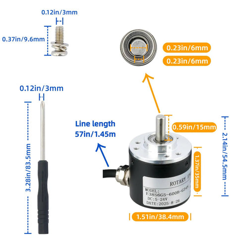 600 P R Incremental Rotary Encoder With 3 mm Screwdriver For 5 To 24 V Wide Voltage Optical Encoder Supply 6 mm Shaft AB 2 Phase Quadrature Output Arduino Compatible NPN Open Collector image showing rotary encoder, screwdriver, and screw with dimensions.