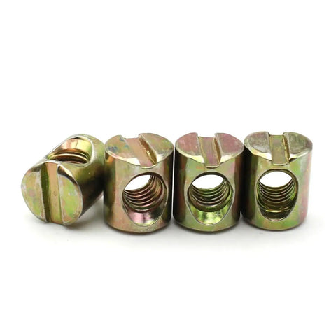 Slotted Hammer-Embedded Barrel Nuts And Dowel Bolts Set M4 To M8 For Furniture close-up view of zinc plated nuts
