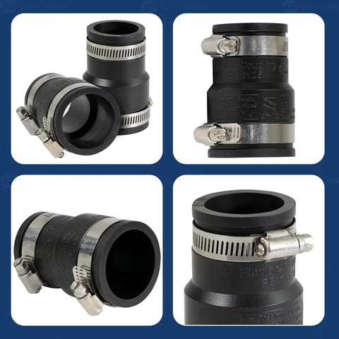Flexible PVC Reducing Coupling With Stainless Steel Clamps One And A Half Inch By One And A Quarter Inch Black DWV Piping Fitting