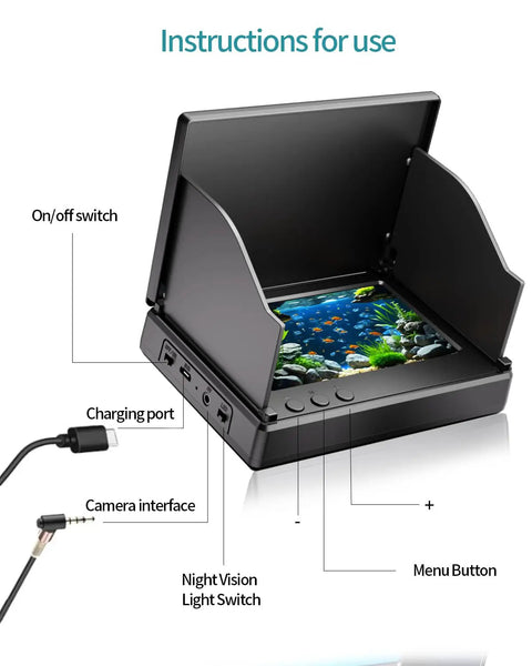 Underwater Fishing Camera With Infrared Night Vision, 220 Degree Wide Angle, Portable Fish Finder showing setup guide.