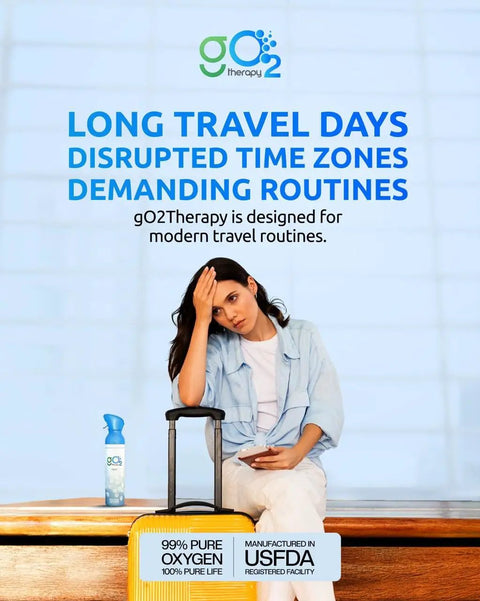Person holding phone with luggage and Portable Oxygen Canister 2 Pack Lightweight 7 Oz Each for travel ease.