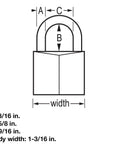 Diagram of Outdoor Keyed Padlocks 4 Pack With Weather Resistant Vinyl Covered Aluminum Body And Steel Shackle dimensions.