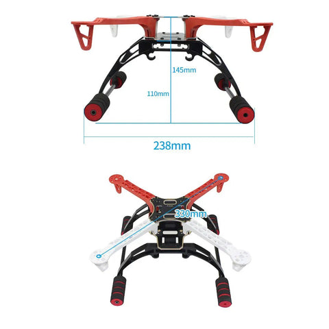 330mm 4 Axis Quadcopter Drone Frame Kit for DIY Drones with Ultra Strong Arms, durable airframe shown from top and front view.