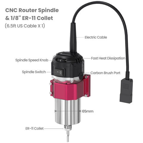 NBX-5040 CNC Router spindle with 710W Beefy Trim Spindle, 65mm ER-11 collet, electric cable for fast heat dissipation