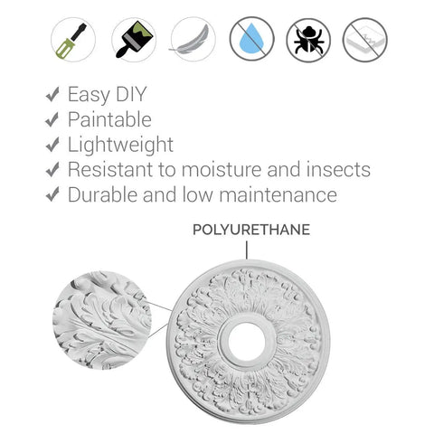 Kaya Ceiling Medallion 23.625 Inch Outer Diameter 5.5 Inch Inner Diameter 1.5 Inch Projection with detailed design icons.