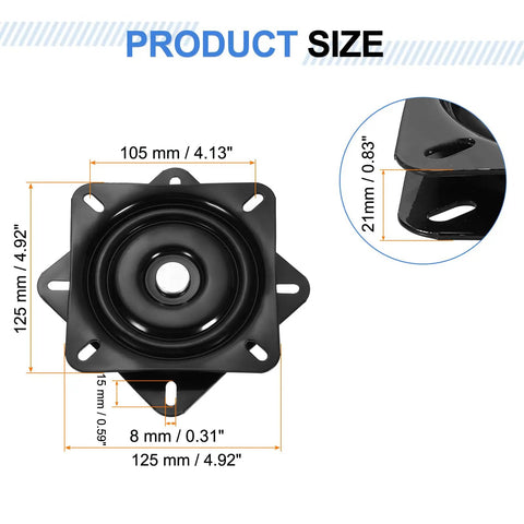 Product size view of Two Pack 5 Inch Bar Stool Swivel Replacement Base Plate With 360 Degree Turntable And Square Ball Bearing For Recliners Or Tables Easy Install Black 125x125x18mm, 125mm x 125mm x 21mm