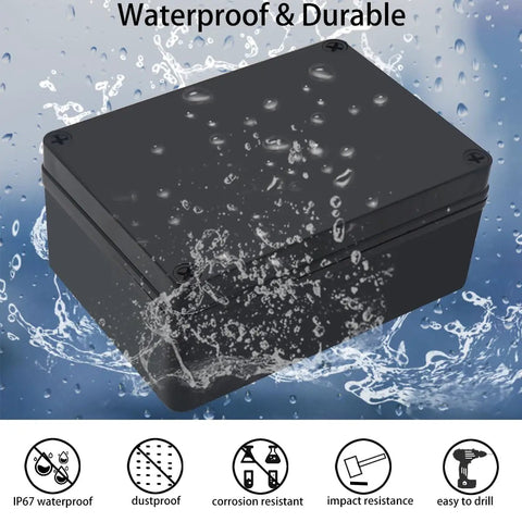 Badass Abs Black Junction Box Featuring Hella Waterproof IP67 Rating And Rock Solid Mounting Plate For Outdoor Arduino Builds And Electronics Housing Spanning 6 9 X 4 9 X 3 Inches Overall with water splashes.