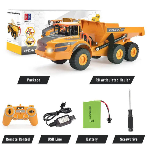 Volvo Authorized RC Dump Truck Toy For Kids, Realistic Articulated Hauler With Lights, box and accessories on display