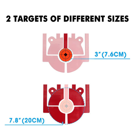 Two target sizes for 5 In 1 Pellet Gun Target With Auto Reset, Heavy Duty Spinning Gong System, calibers 177 20 22.