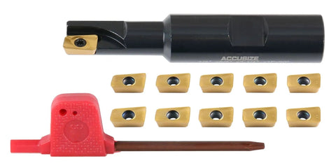1/2 Inch 90 Degree Square Shoulder Indexable End Mill With 10 Extra APKT11T308 Inserts, 5/8 Inch Shank, 3-1/4 Inch Overall Length, 0.433 Inch Axial Depth Of Cut, 1 Flute Carbide Mill For Smooth Shoulder Milling